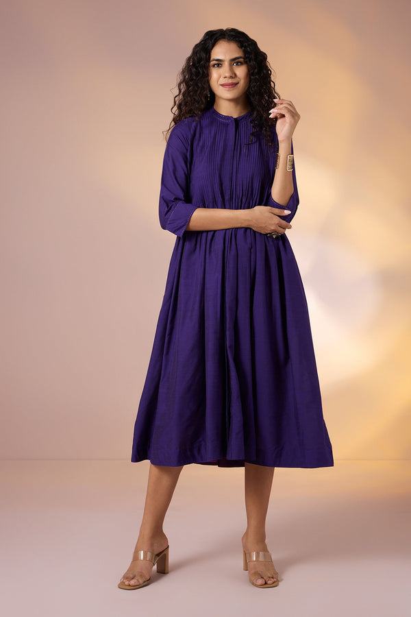 Maati Craft Gulabi Mystic Amethyst  Silk Slub Cotton Luxe Dress With Pintucks