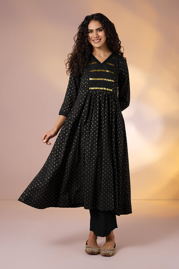 Maati Craft Gulabi Twilight Gold Cotton V-Neck Anarkali