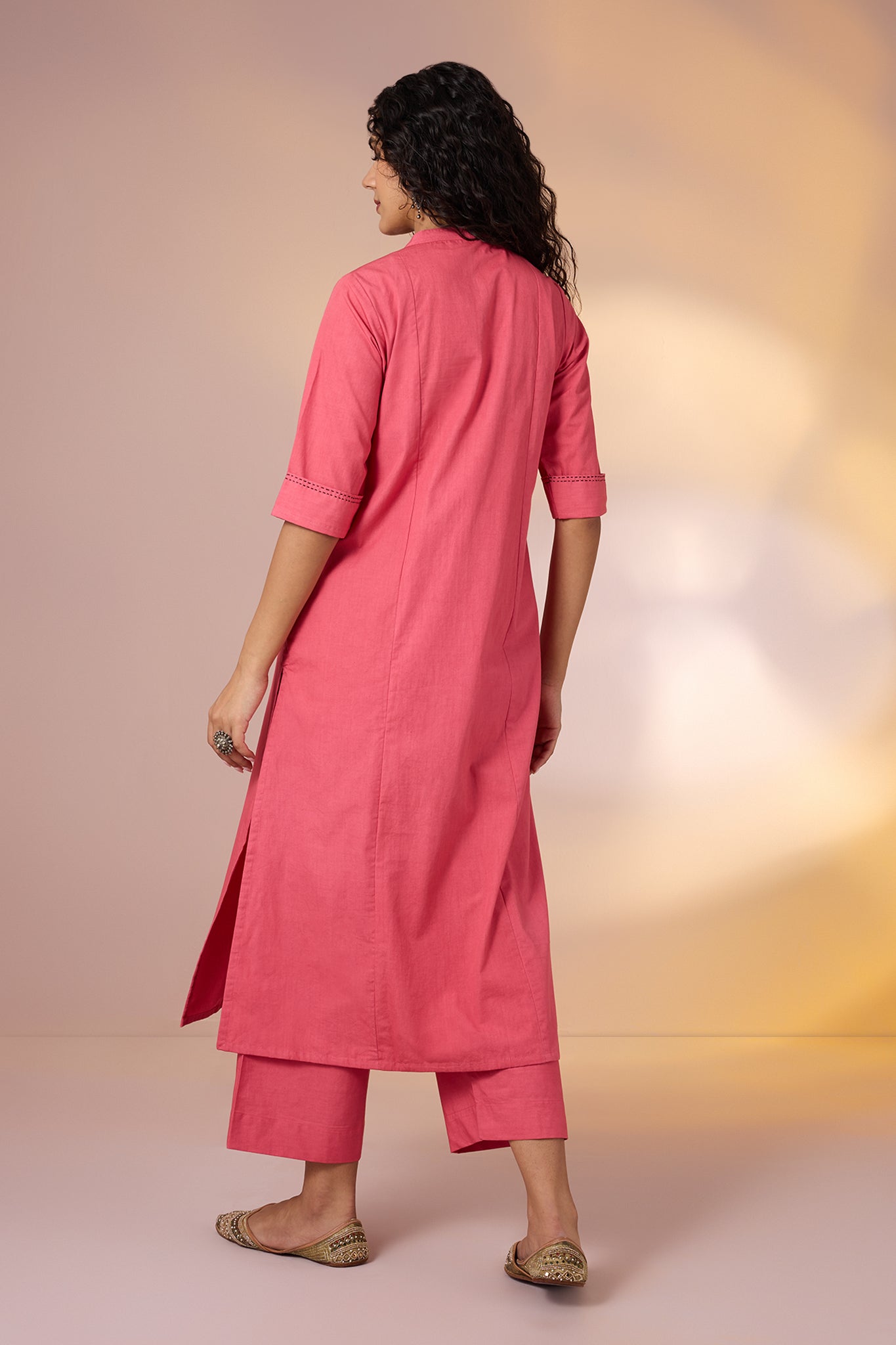 Maati Craft Coord Set Peach Birdsong Long Panel Applique Kurta & Pants(Set Of 2)