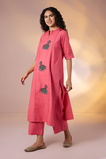 Maati Craft Coord Set Peach Birdsong Long Panel Applique Kurta & Pants(Set Of 2)