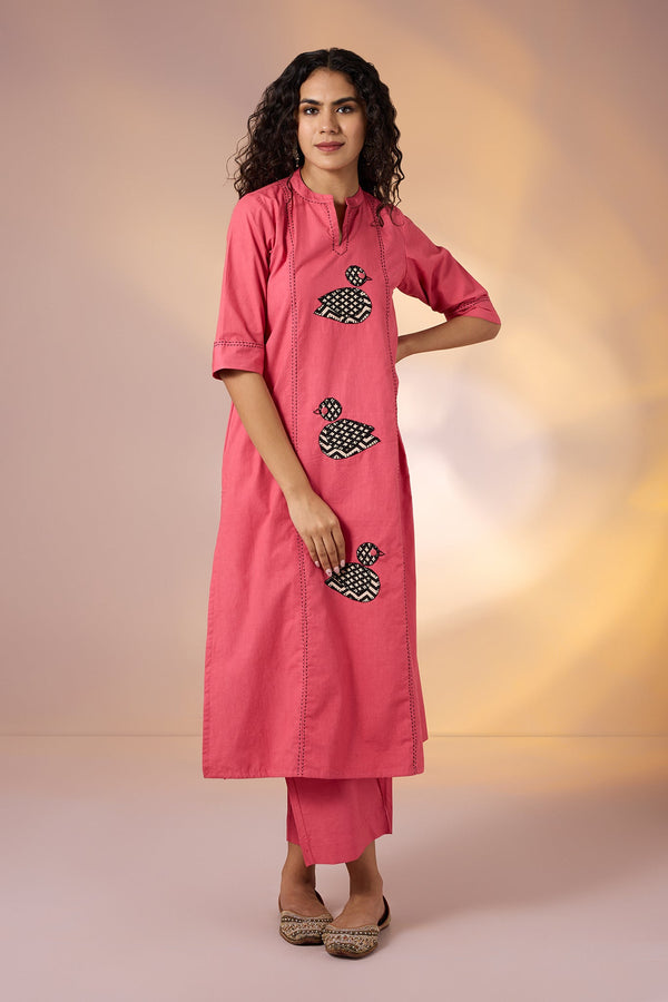 Maati Craft Coord Set Peach Birdsong Long Panel Applique Kurta & Pants(Set Of 2)