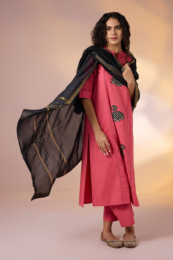 Maati Craft Coord Set Peach Birdsong Long Panel Applique Kurta & Pants(Set Of 2)
