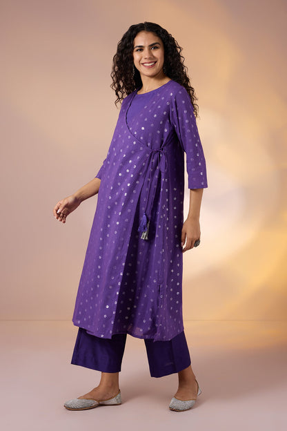 Amethyst Spark Angrakha Tie-Up Jacket & Sleeveless Dress Co-Ord (Set Of 2)