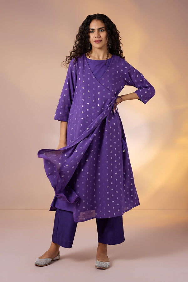 Amethyst Spark Angrakha Tie-Up Jacket & Sleeveless Dress Co-Ord (Set Of 2)