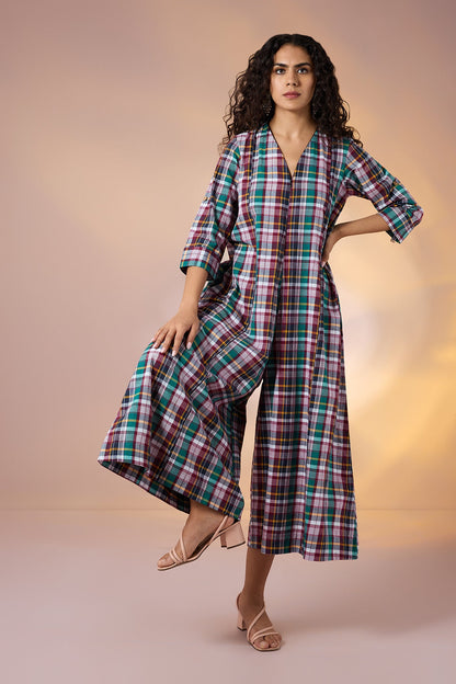 Maati Craft Gulabi Carnival Plaid Front Zipper Cotton Jumpsuit with Pockets & Sleeves