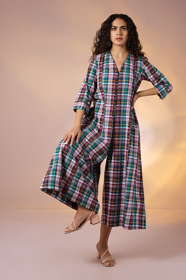 Maati Craft Gulabi Carnival Plaid Front Zipper Cotton Jumpsuit with Pockets & Sleeves