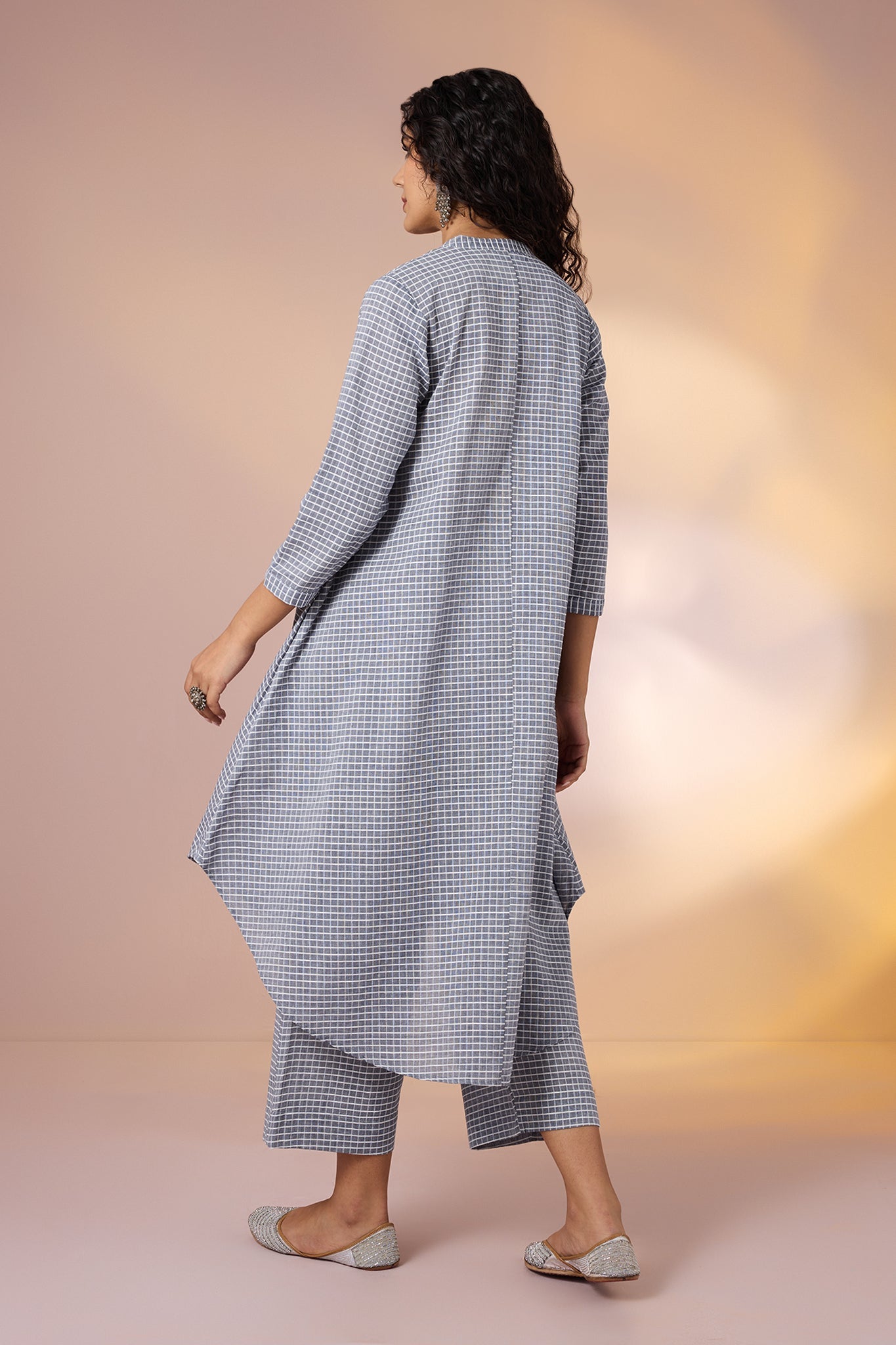 Maati  Co-Ord Set Graphite Checks Cotton Asymmetrical Hemline Button Down Tunic