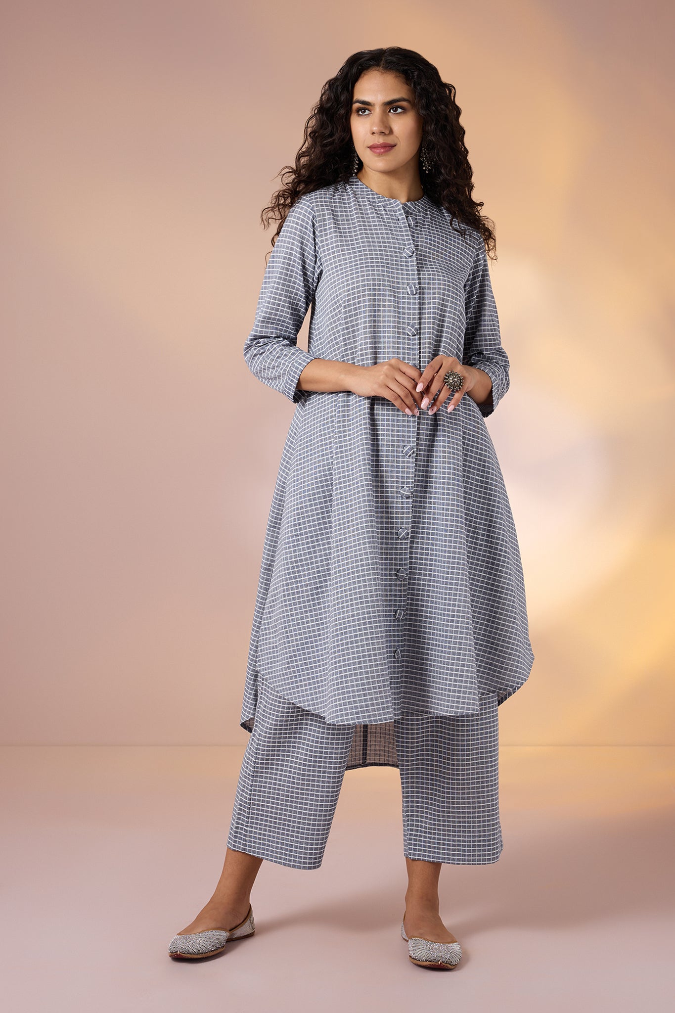 Maati  Co-Ord Set Graphite Checks Cotton Asymmetrical Hemline Button Down Tunic