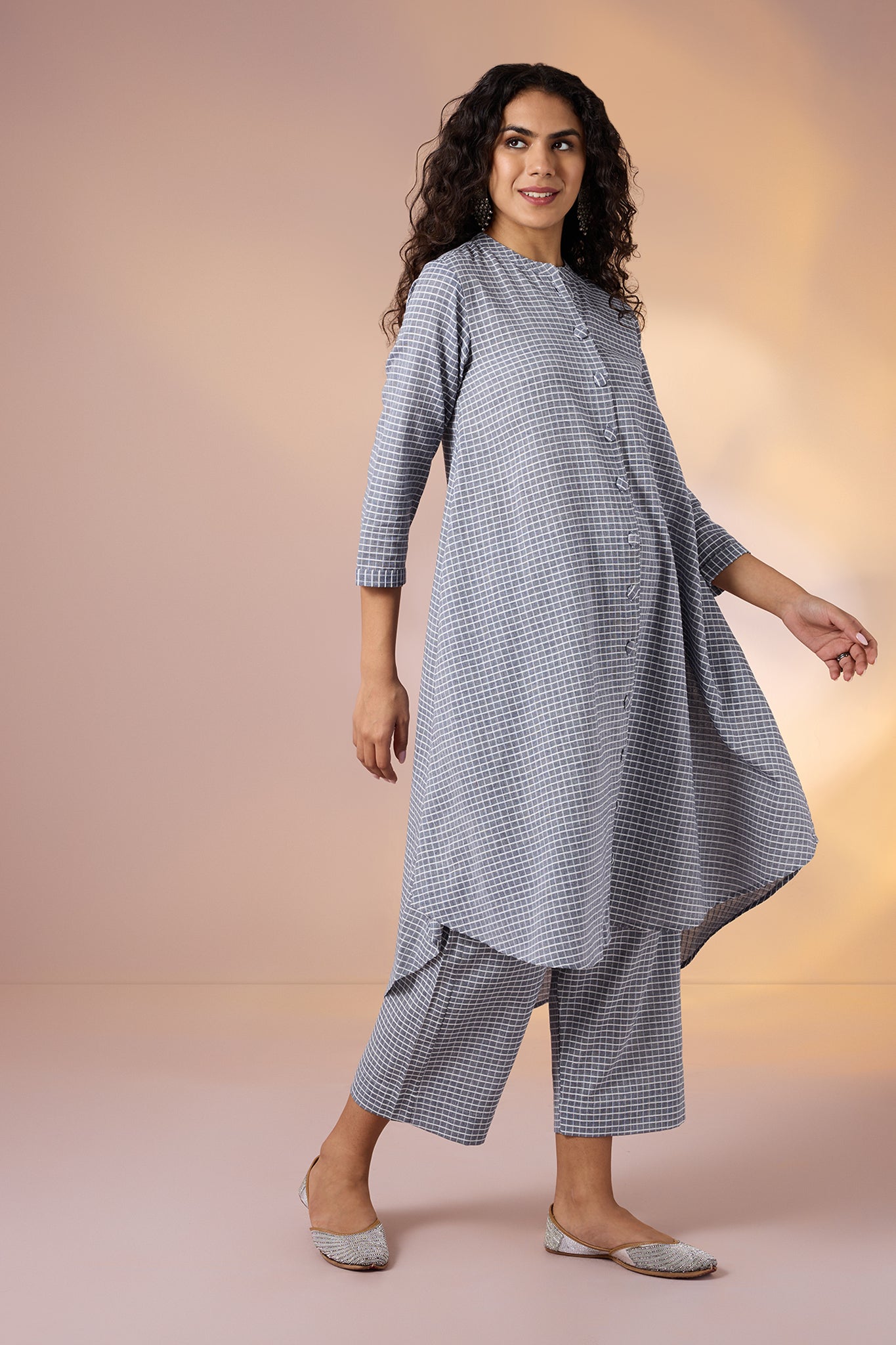 Maati  Co-Ord Set Graphite Checks Cotton Asymmetrical Hemline Button Down Tunic