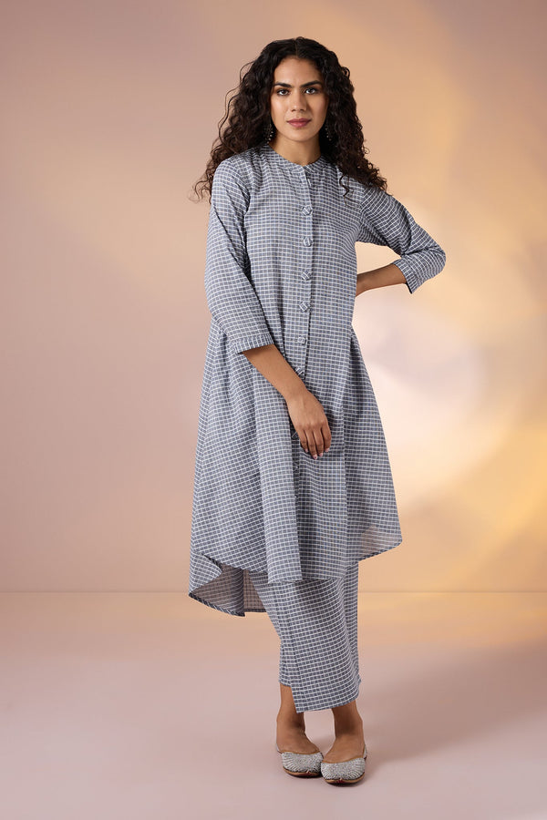 Maati  Co-Ord Set Graphite Checks Cotton Asymmetrical Hemline Button Down Tunic