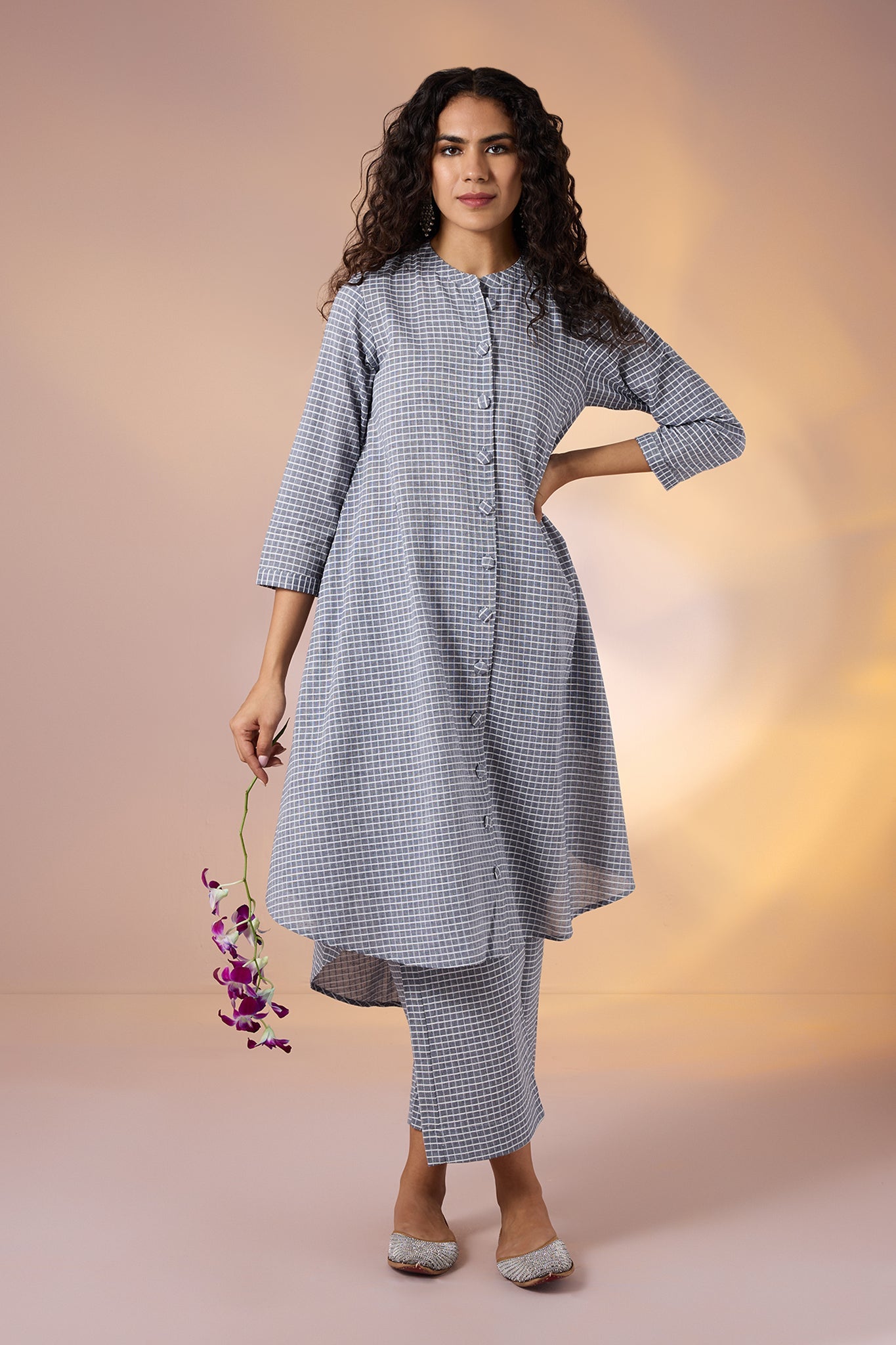 Maati  Co-Ord Set Graphite Checks Cotton Asymmetrical Hemline Button Down Tunic