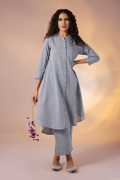 Maati  Co-Ord Set Graphite Checks Cotton Asymmetrical Hemline Button Down Tunic