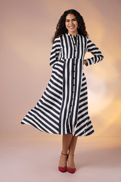 Maati Craft Gulabi Zebra Lines Cotton Flared Panel Midi Dress