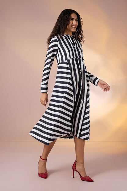 Maati Craft Gulabi Zebra Lines Cotton Flared Panel Midi Dress