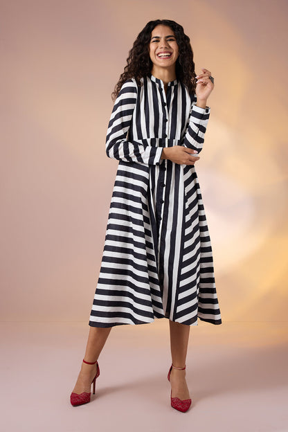 Maati Craft Gulabi Zebra Lines Cotton Flared Panel Midi Dress