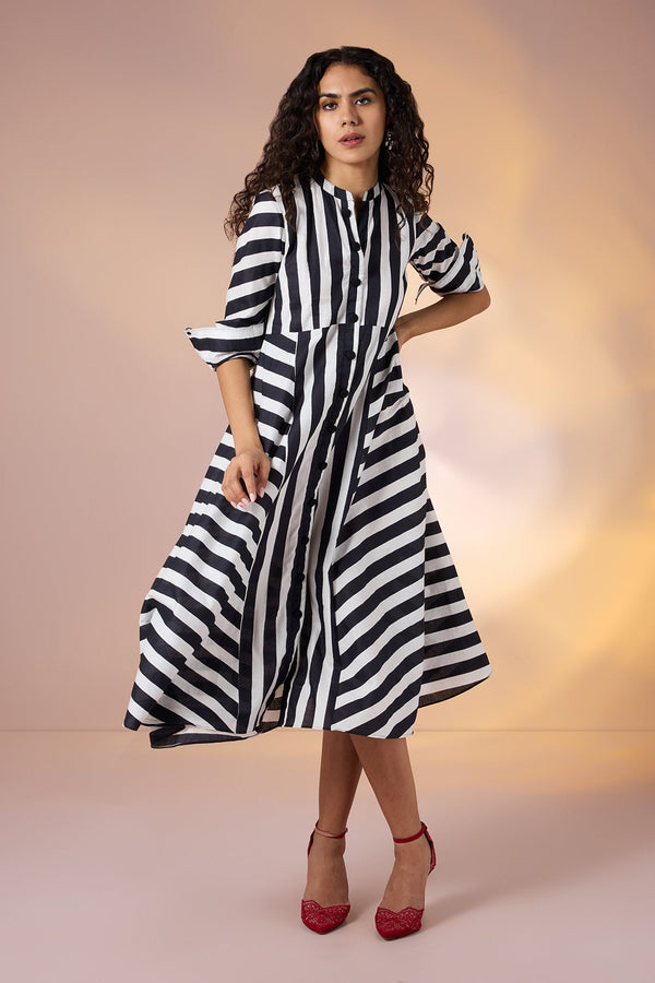 Maati Craft Gulabi Zebra Lines Cotton Flared Panel Midi Dress