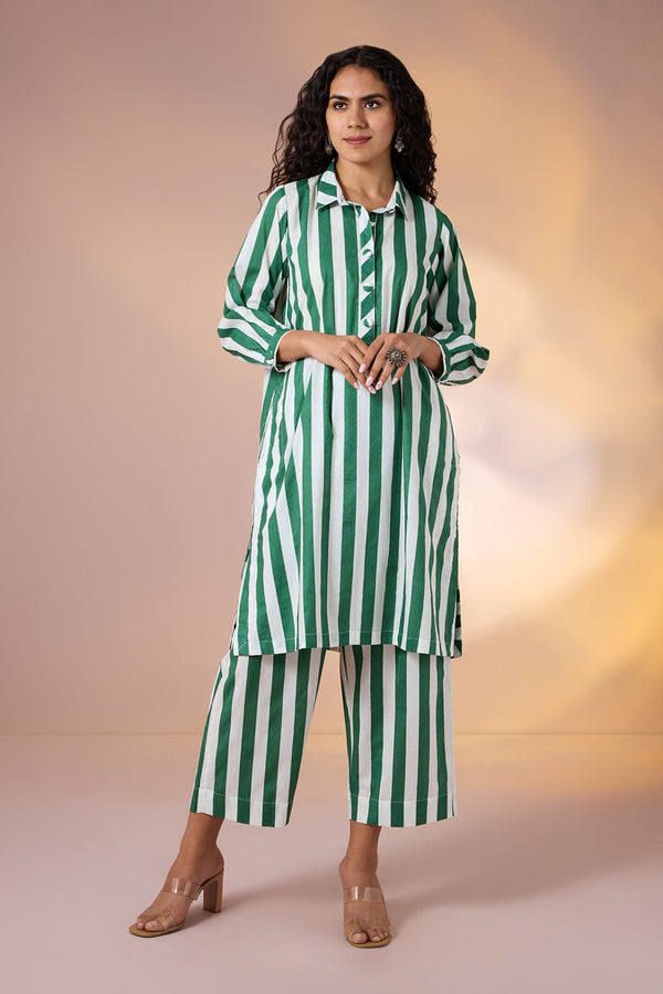 Maati Craft Gulabi Set of 2: Co-ord Set Emerald Bar Cotton Collar Kurta & Pants