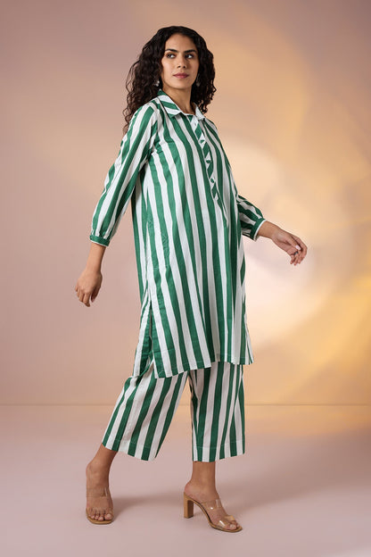 Maati Craft Gulabi Set of 2: Co-ord Set Emerald Bar Cotton Collar Kurta & Pants