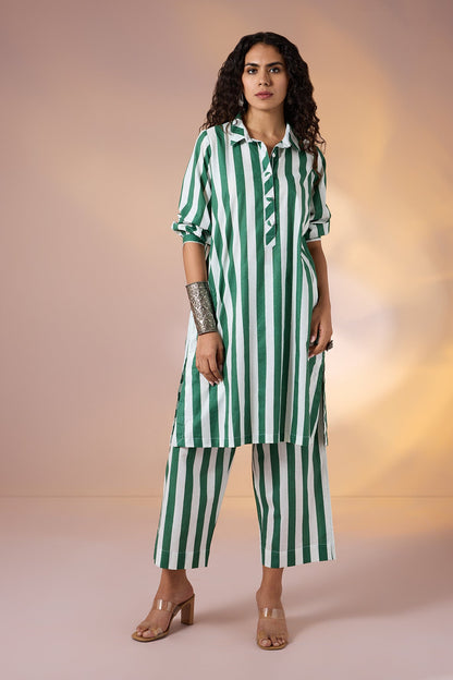 Maati Craft Gulabi Set of 2: Co-ord Set Emerald Bar Cotton Collar Kurta & Pants