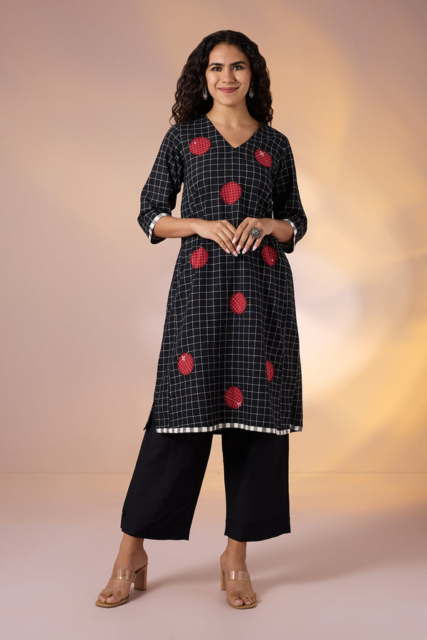 Maati Craft Gulabi Onyx Polka Cotton Kurta with Red Polka Applique