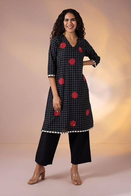 Maati Craft Gulabi Onyx Polka Cotton Kurta with Red Polka Applique