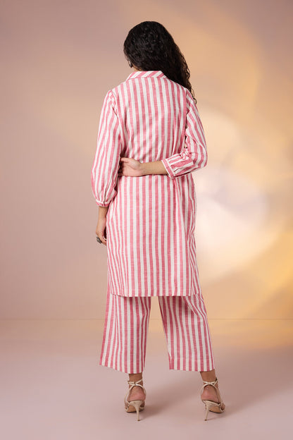 Maati Craft Coord Set Coral Chant Stripes Collar Kurta (Set Of 2)