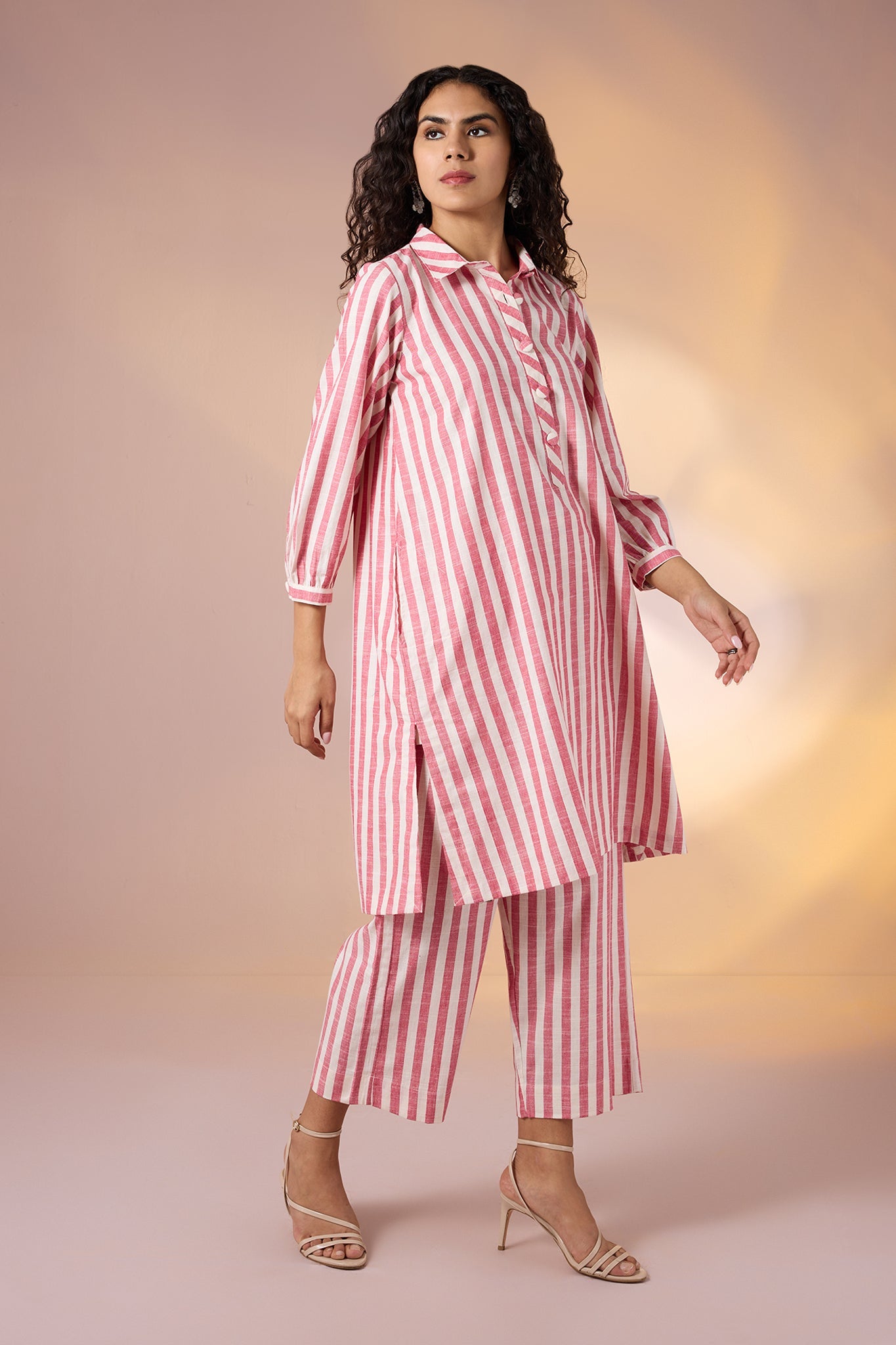 Maati Craft Coord Set Coral Chant Stripes Collar Kurta (Set Of 2)