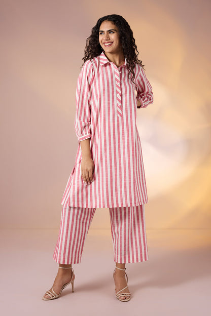 Maati Craft Coord Set Coral Chant Stripes Collar Kurta (Set Of 2)