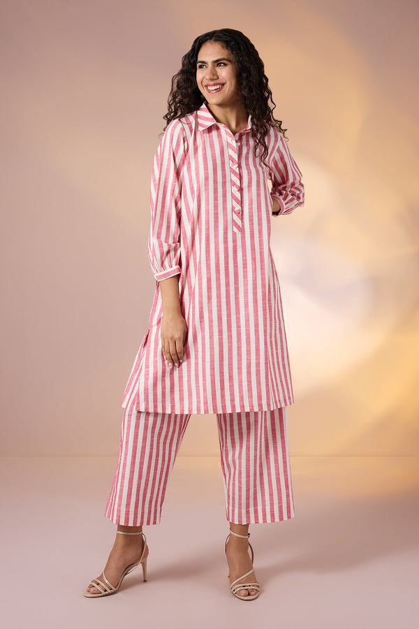 Maati Craft Coord Set Coral Chant Stripes Collar Kurta (Set Of 2)