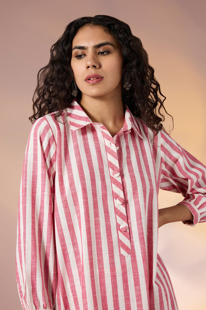 Maati Craft Coord Set Coral Chant Stripes Collar Kurta (Set Of 2)