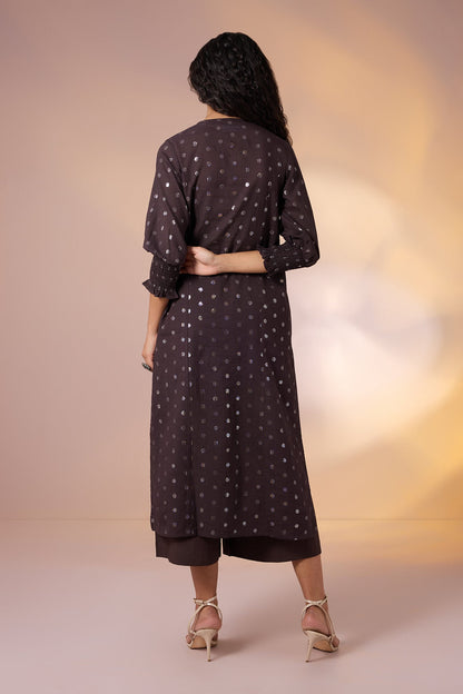 Maati Craft Gulabi Mocha Dusk & Silver Scatter Cotton Kurta with Smocked Cuff & Tassels