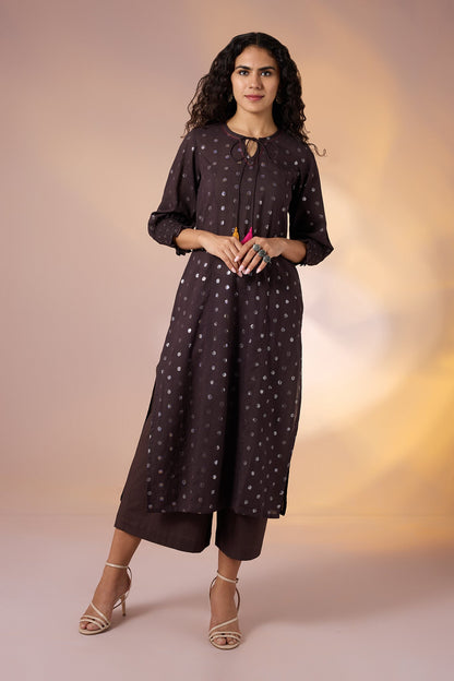 Maati Craft Gulabi Mocha Dusk & Silver Scatter Cotton Kurta with Smocked Cuff & Tassels