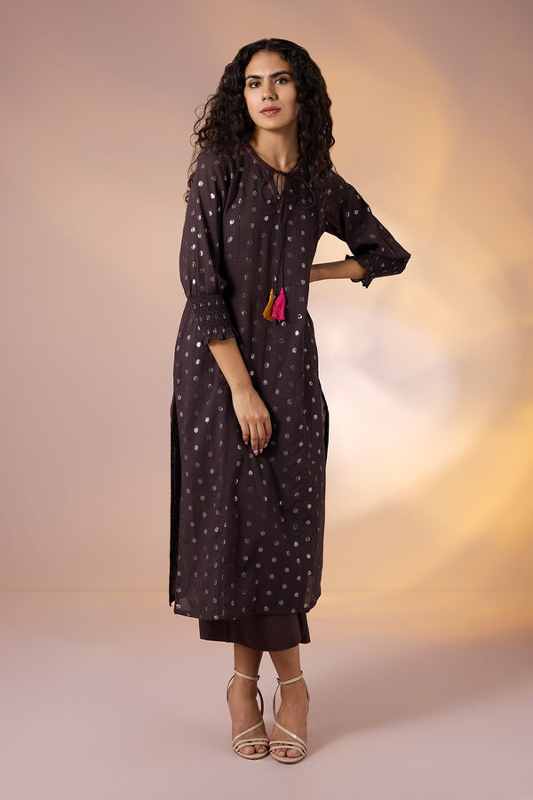 Maati Craft Gulabi Mocha Dusk & Silver Scatter Cotton Kurta with Smocked Cuff & Tassels