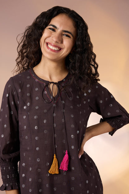 Maati Craft Gulabi Mocha Dusk & Silver Scatter Cotton Kurta with Smocked Cuff & Tassels