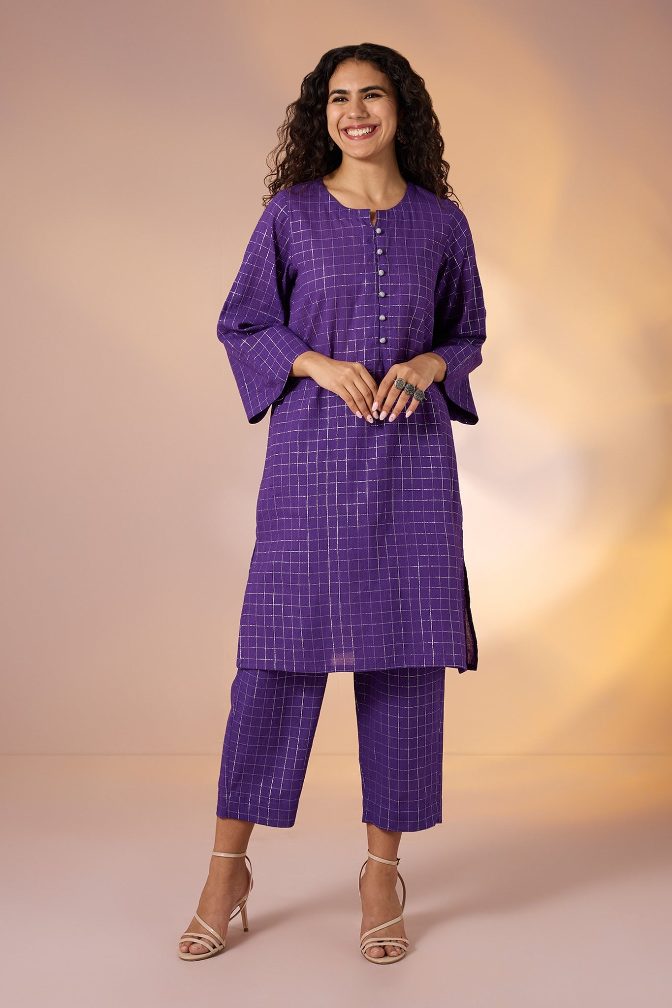 Maati  Co-Ord Set Amethyst Grid Cotton Kurta And Pants
