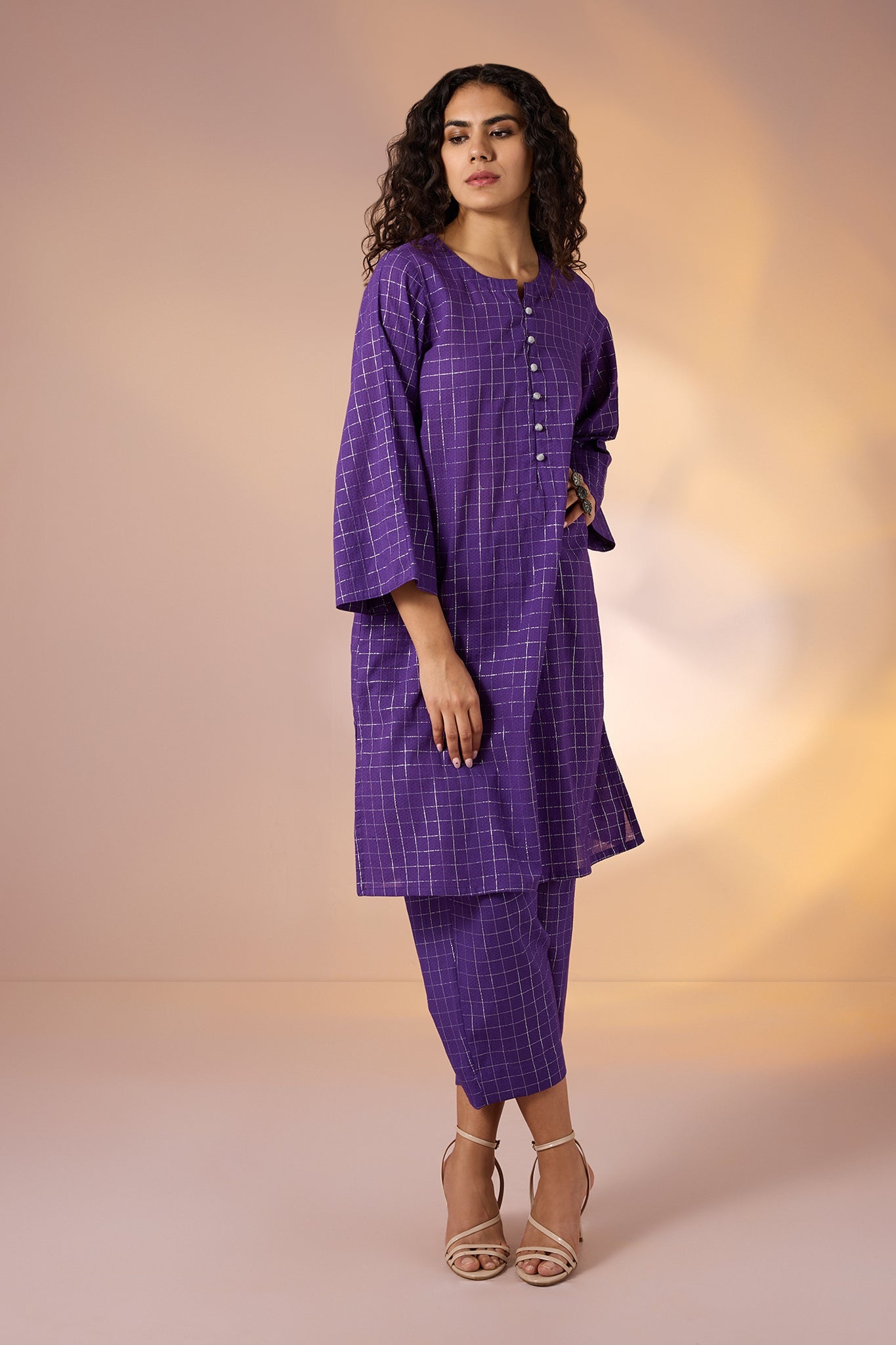 Maati  Co-Ord Set Amethyst Grid Cotton Kurta And Pants