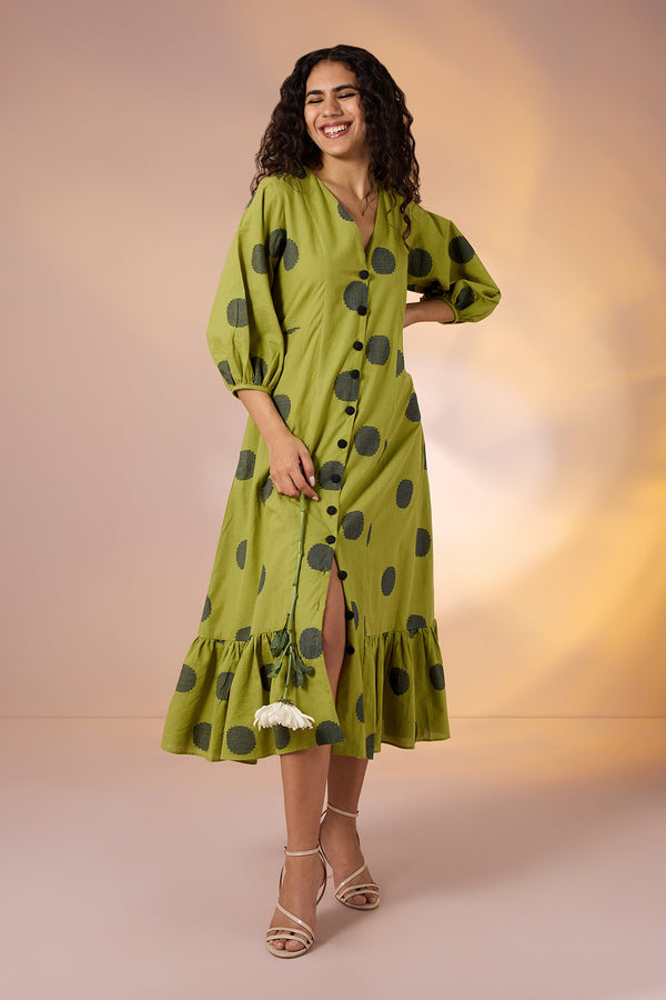 Maati Craft Gulabi Midnight Green Cotton Midi Dress with Polka & Ruffle Border