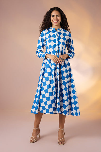 Maati  Azure Prism Cotton Flared Panel Midi Dress