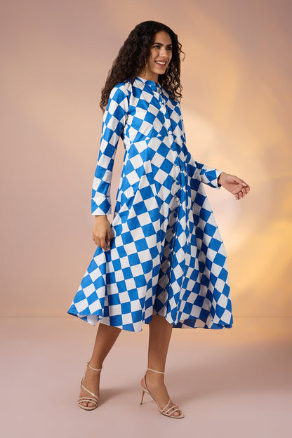 Maati  Azure Prism Cotton Flared Panel Midi Dress