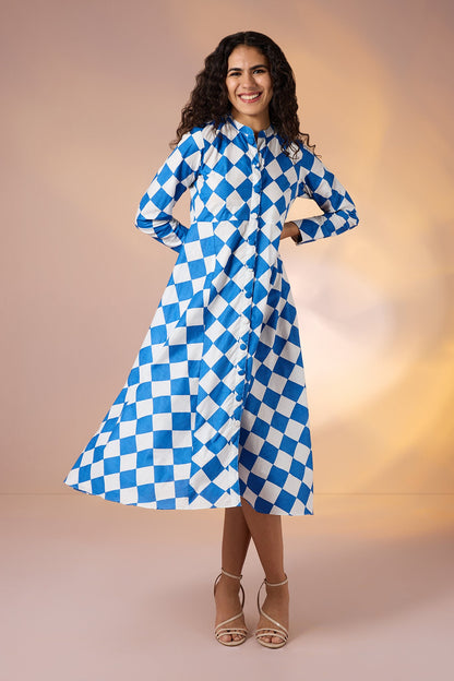 Maati  Azure Prism Cotton Flared Panel Midi Dress