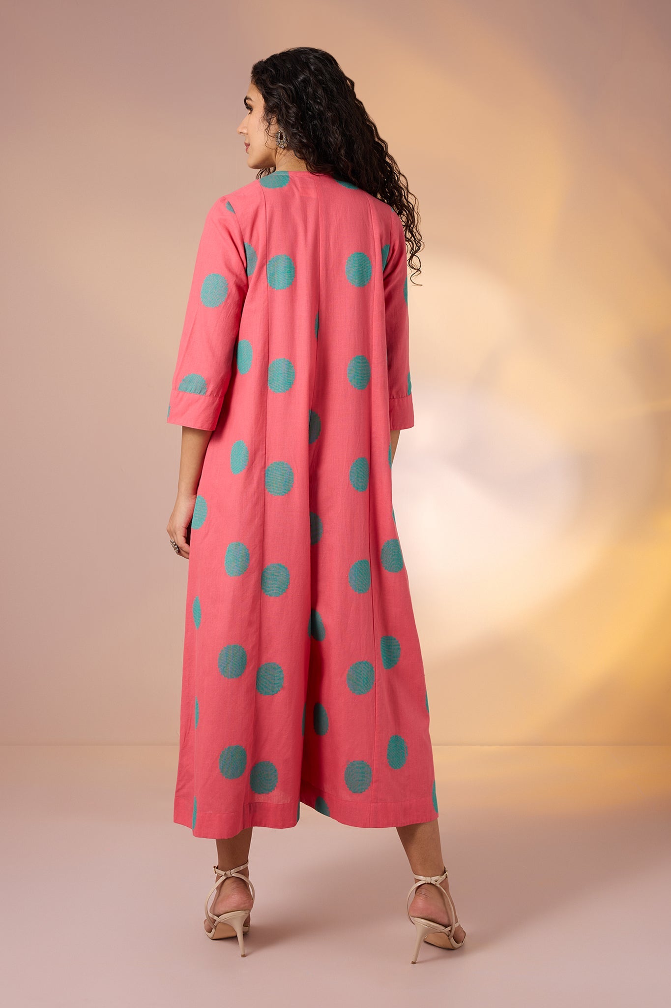 Maati Craft Gulabi Coral Polka Front Zipper Cotton Jumpsuit with Pockets & Sleeves