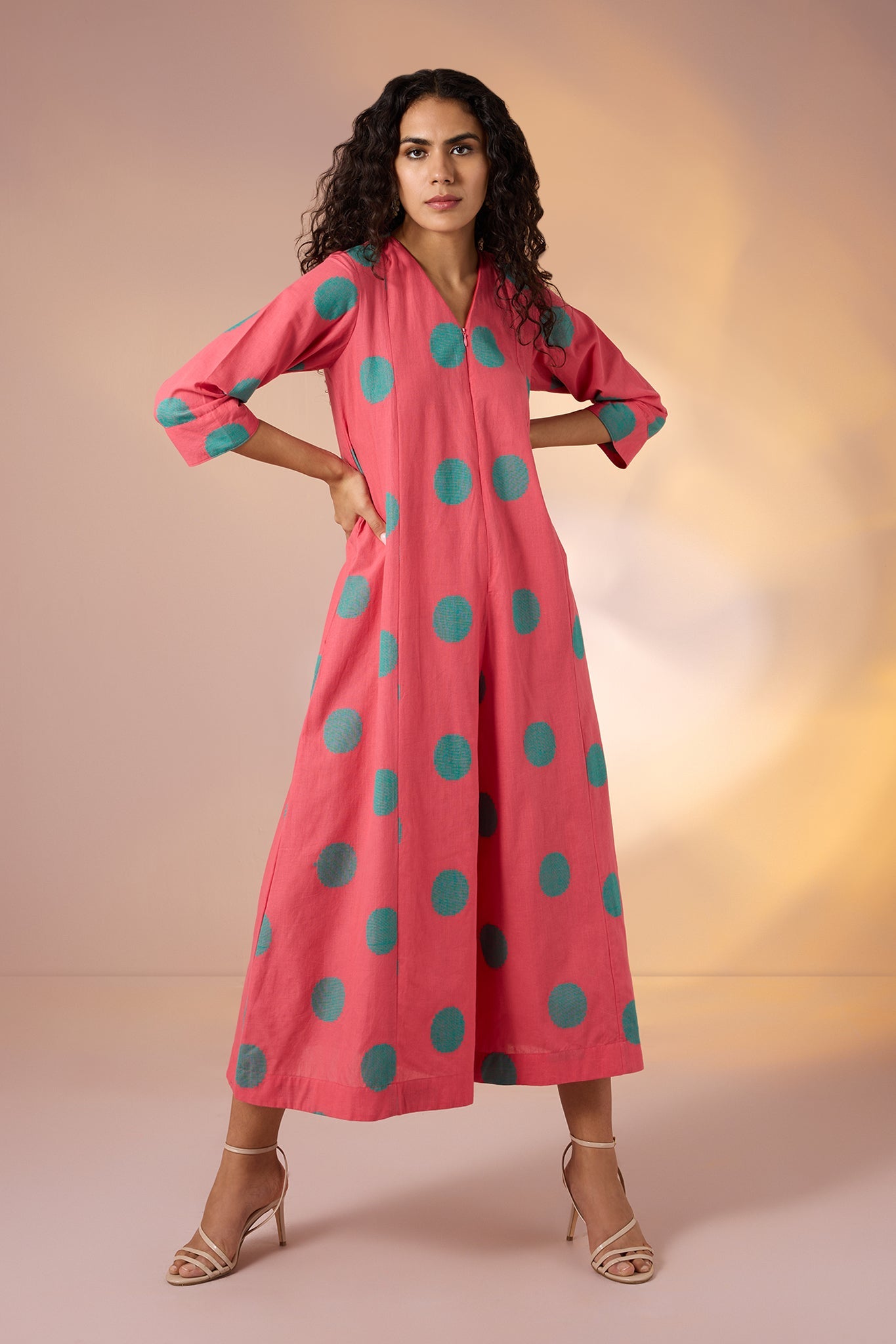 Maati Craft Gulabi Coral Polka Front Zipper Cotton Jumpsuit with Pockets & Sleeves