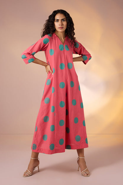 Maati Craft Gulabi Coral Polka Front Zipper Cotton Jumpsuit with Pockets & Sleeves