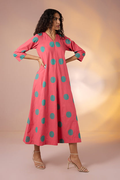 Maati Craft Gulabi Coral Polka Front Zipper Cotton Jumpsuit with Pockets & Sleeves