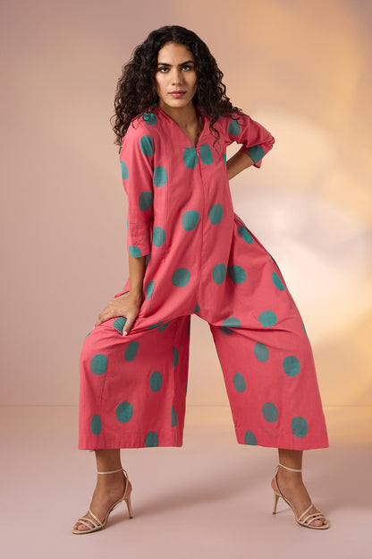 Maati Craft Gulabi Coral Polka Front Zipper Cotton Jumpsuit with Pockets & Sleeves