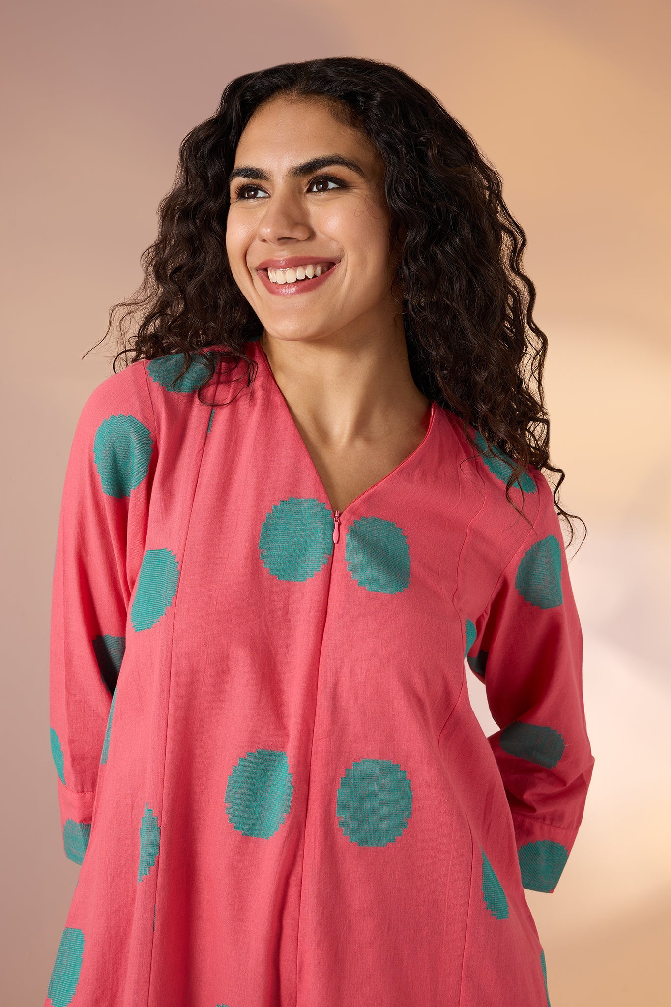 Maati Craft Gulabi Coral Polka Front Zipper Cotton Jumpsuit with Pockets & Sleeves