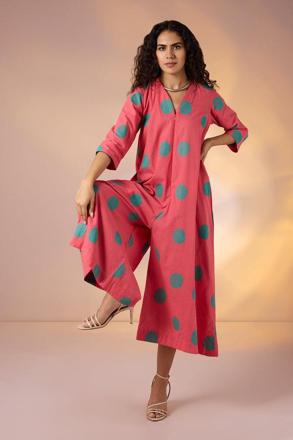 Maati Craft Gulabi Coral Polka Front Zipper Cotton Jumpsuit with Pockets & Sleeves
