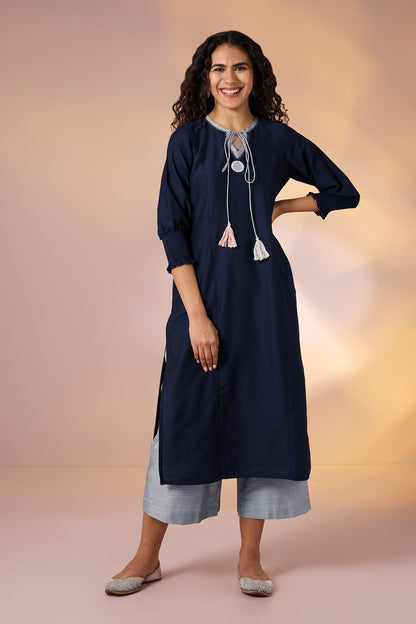 Maati Craft Gulabi Sapphire Night & Silver Trace Silk Slub Luxe Kurta with Smocked Cuff & Mirror