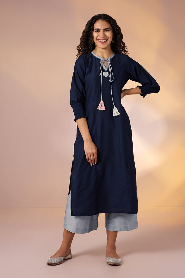 Maati Craft Gulabi Sapphire Night & Silver Trace Silk Slub Luxe Kurta with Smocked Cuff & Mirror