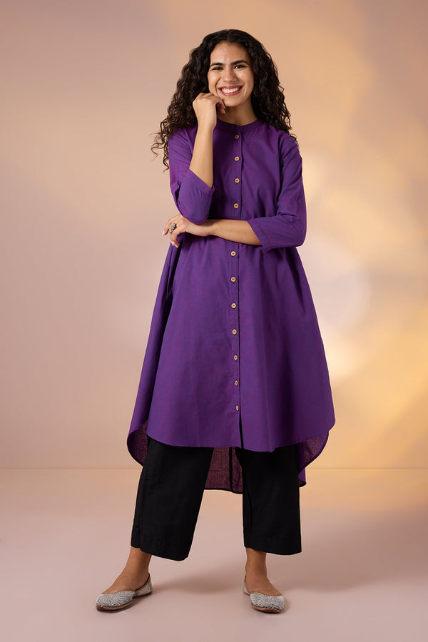 Maati Craft Gulabi Iris Shadow Cotton Asymmetrical Hemline Button Down Tunic
